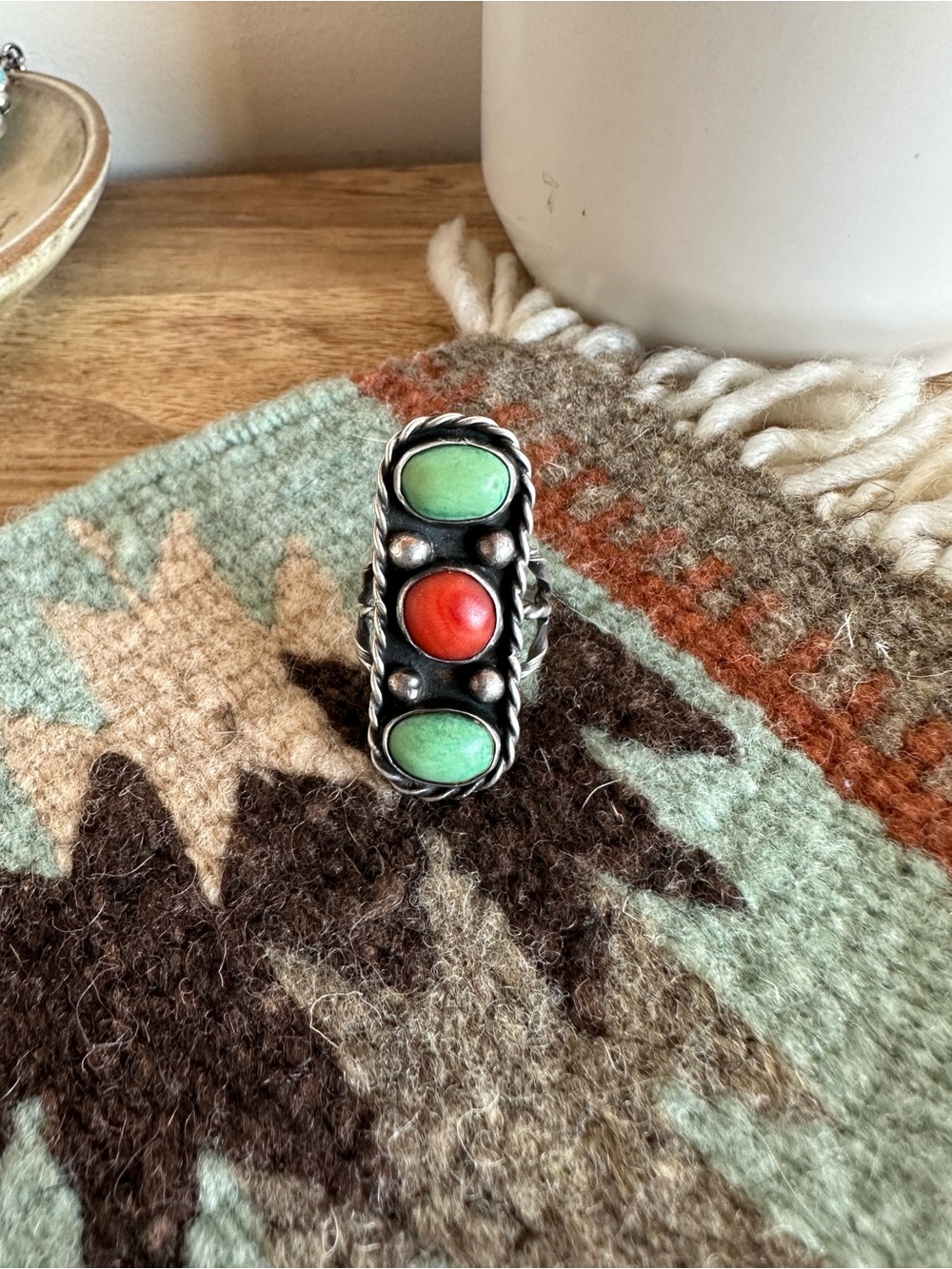 Vintage Native Made Coral and Turquoise Ring